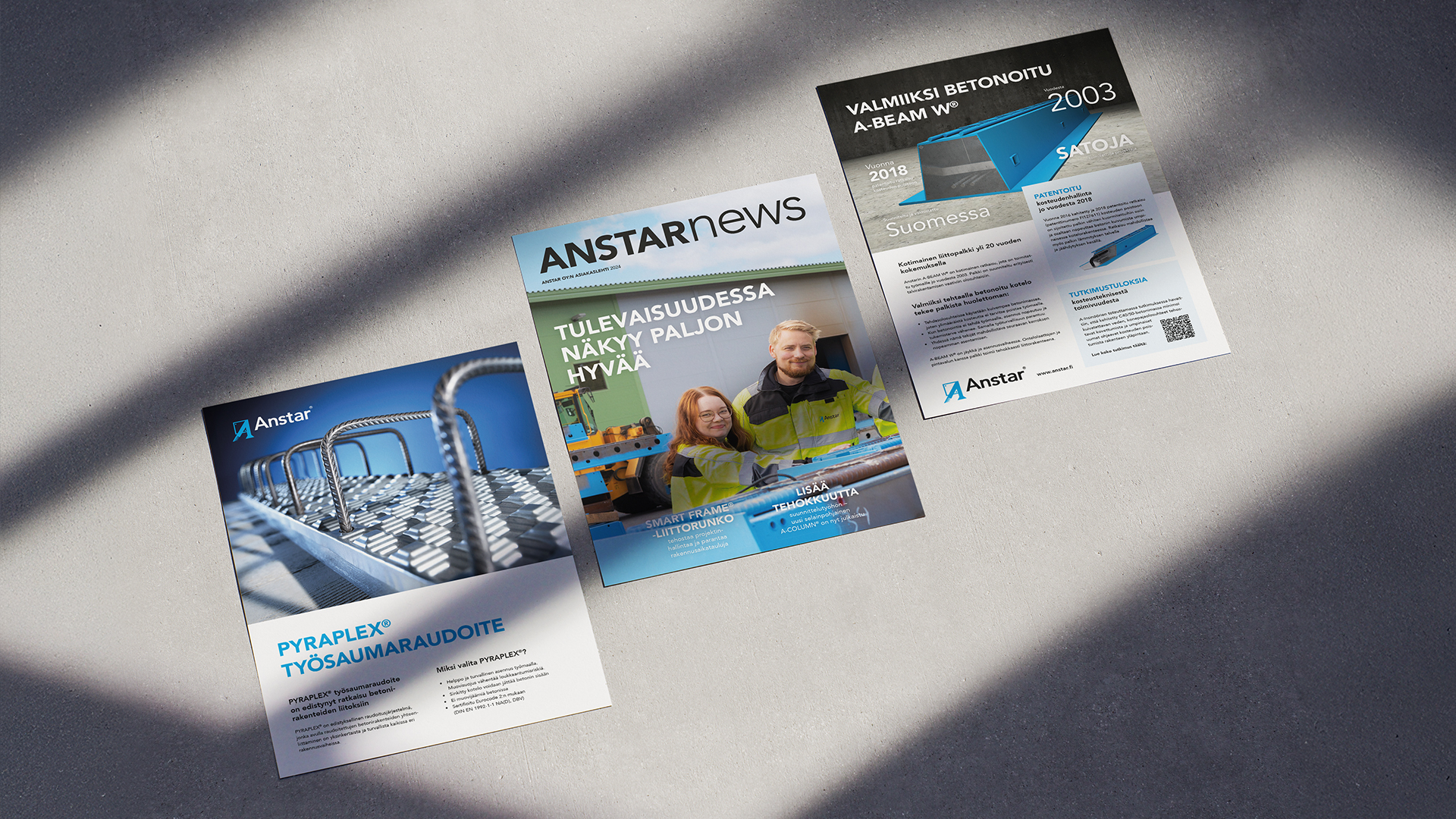 Näkemystehdas MBE:n Anstarille tekemiä esitteitä ja asiakaslehti